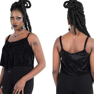 Killstar ✦ Velvet Vest Top ✦ Cosmic Certainty Black Burnout w/ Lace-Up Cami S